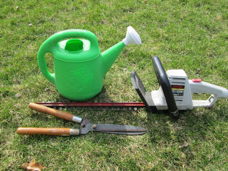 lot 59 image: Ryobi Electric Trimmer, Watering Can, Shears, Etc.
