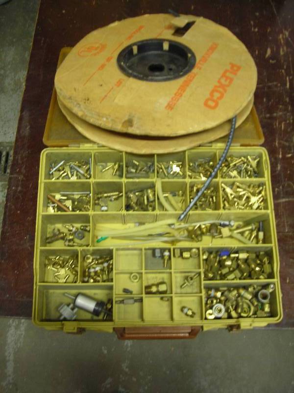 Double Sided ToolParts Box With Brass Fittings & Partial Roll Of 14 Inch Air Line