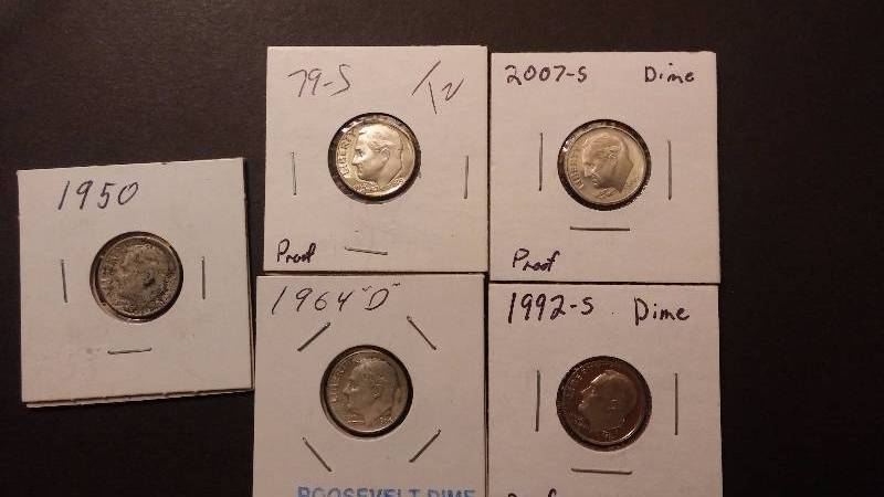 Roosevelt Dimes 1950-Silver 1964-Silver 1979-Proof 1992-Proof 2007-Proof
