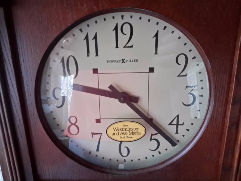 lot 3 image: Howard Miller Pedulum Clock.. Westminister and Ave Maria Chime.. New never been run.. Only hung on wall