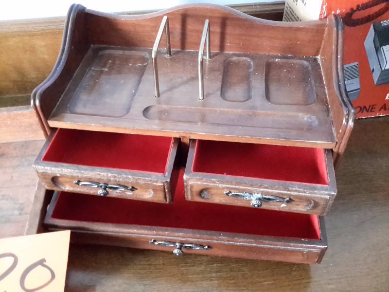 lot 20 image: Desk items.. Vintage wood IN box  Wood desk caddy with drawers