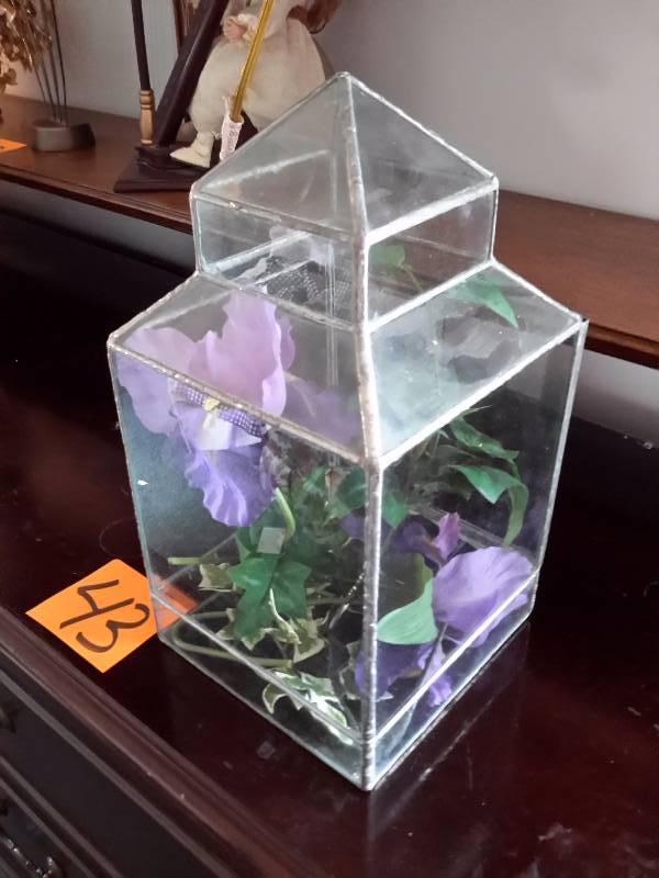lot 43 image: Glass leaded Terrarium.. Back comes off as shown