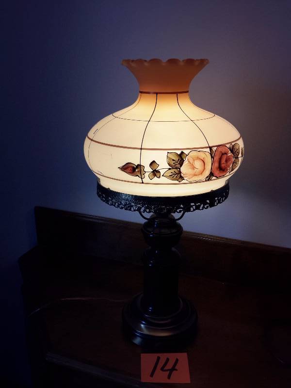 lot 14 image: Old Fashion Table lamp with Globe and Wood base.. Tested and works