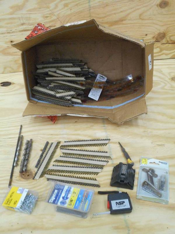 Box Of Assorted Tools, Nails, Hardw...