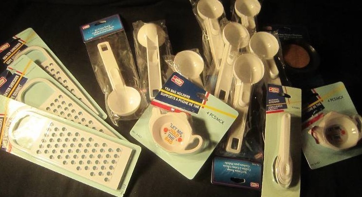 NEW LOT - 2 sets of 4 Teabag Holders, 1 Set of 6 Coaster, 8 Ice Cream Scoops, Measuring Spoons, 3 Graters