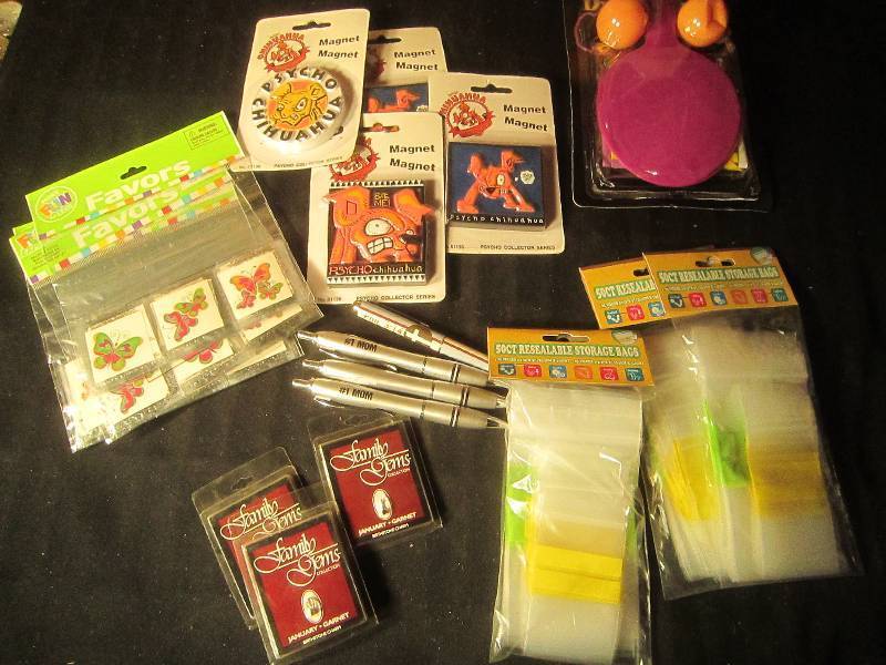 NEW LOT - 3 Birthday Stone Charms for January, 1 Game, 4 Pens, 4 Magnets, 3 Sets of Party Favors, 3 Bags of 50 count , Misc