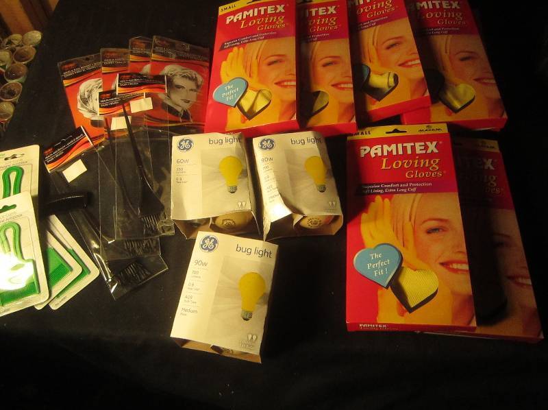 NEW LOT - 7 Sets of Rubber Gloves, 3 Packages of Yellow Lightbulbs, 4 Wind and Rain Bonnets, 3 Health and Beauty Brushes, 5 Lice Combs & Comb