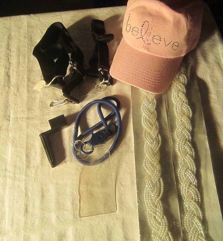 NEW LOT - Straps, 2 White Braided Pearl Headband, Pickers Pal, Lanard Holder, Breast Cancer Pink Hat