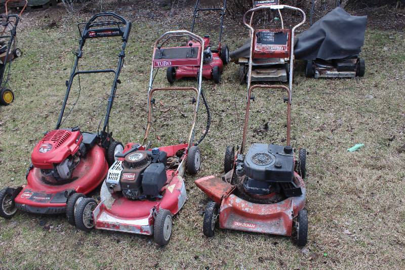 Lot of (3) Toro Lawn Mowers with Aluminum decks. Fridley Commercial