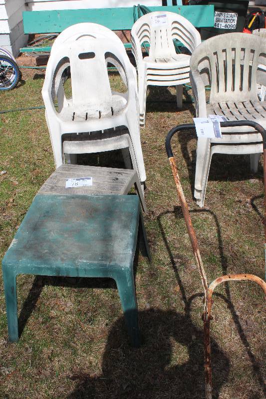 Lot of (5) Plastic Lawn Furniture Including 4-Chairs, 2-Tables