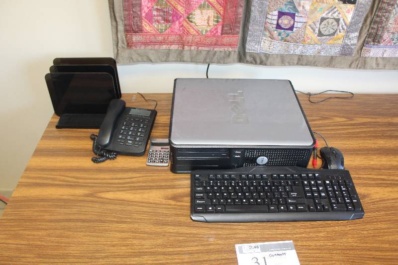 lot 31 image: Contents of Desktop Including Dell Computer, Keyboard, Mouse, Phone, Calculator, Filer