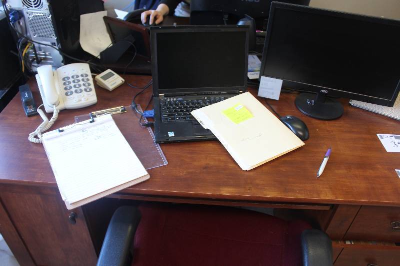 lot 35 image: Contents of Desktop Including Laptop Computer, Monitor, Keyboard, Mouse, Phone, Calculator, And More