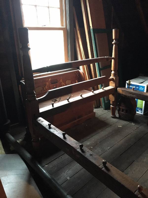 Vintage large oak twin spindle rope bed