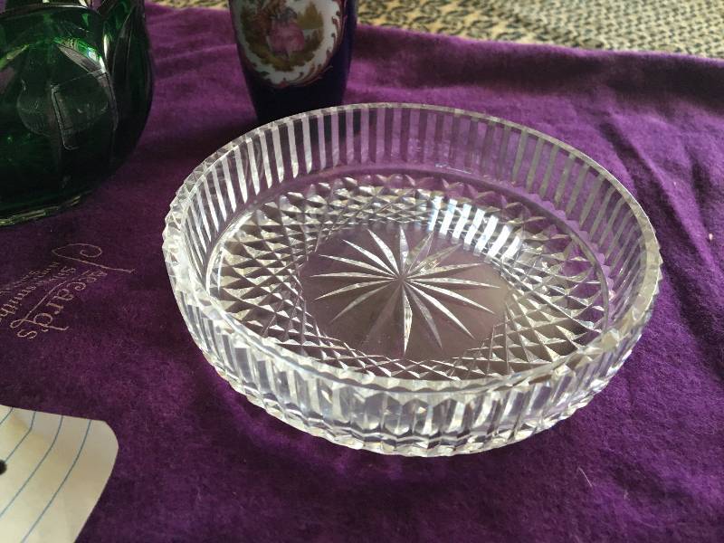 2 small cut glass serving bowls and a miniature urnbud vase