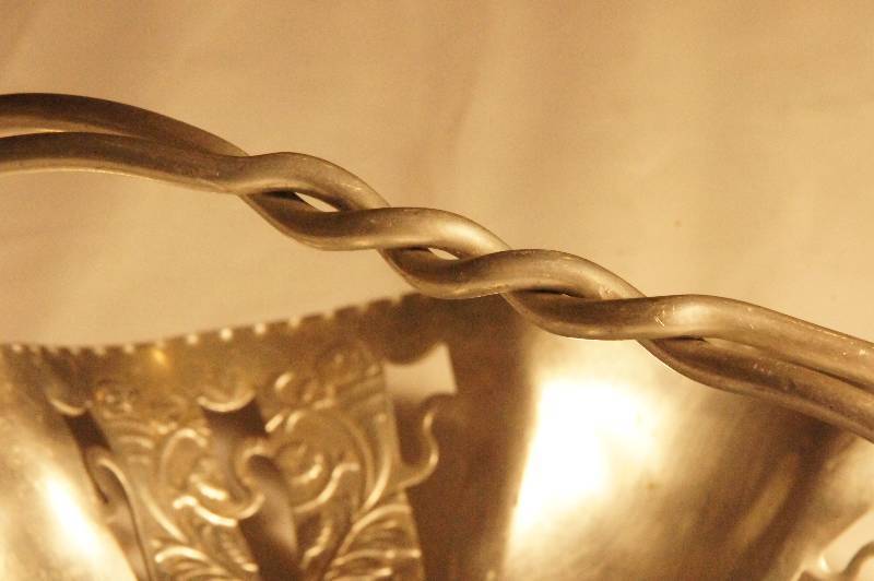 lot 471 image: 1950s Vintage Hand Hammered Aluminum Slotted Bon Bon Tray with Twisted Handle