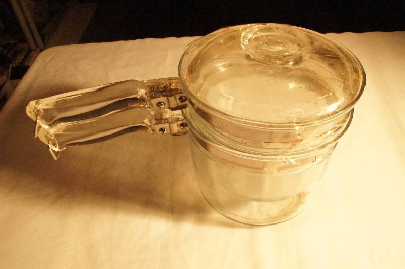 lot 487 image: Vintage Double Glass Pots with Lid and Glass Handles