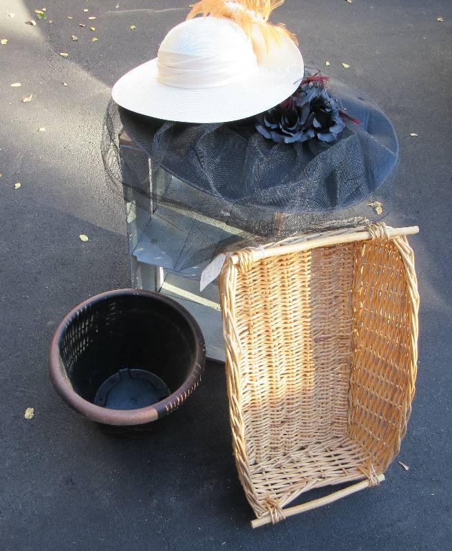 lot 692 image: MISC LOT 2 LADIES HATS, CRATE, PLANTER, LARGE BASKET