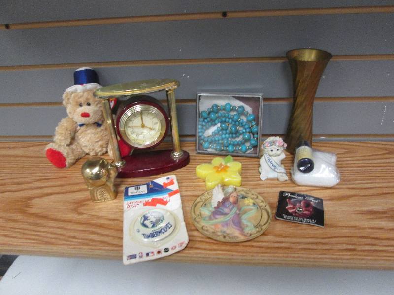 Mixed lot clock, vase, necklace, a...
