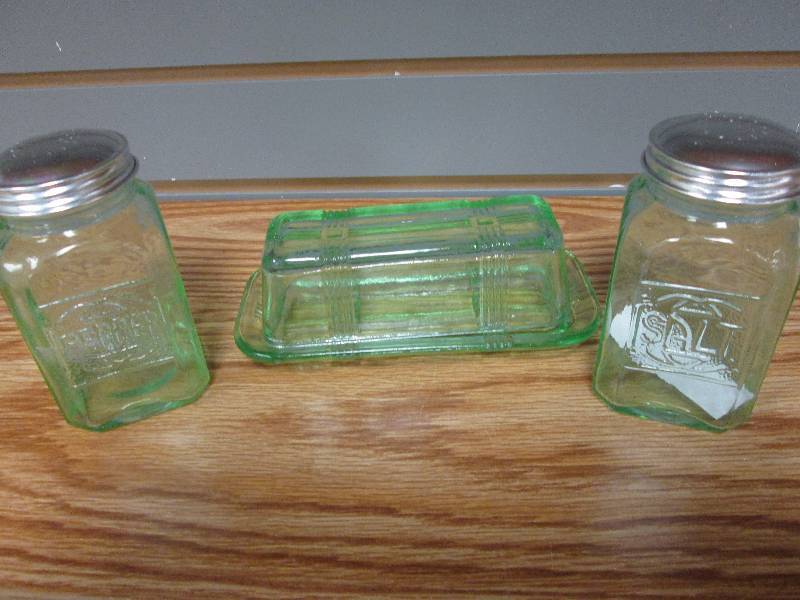Green glass salt& pepper with butte...