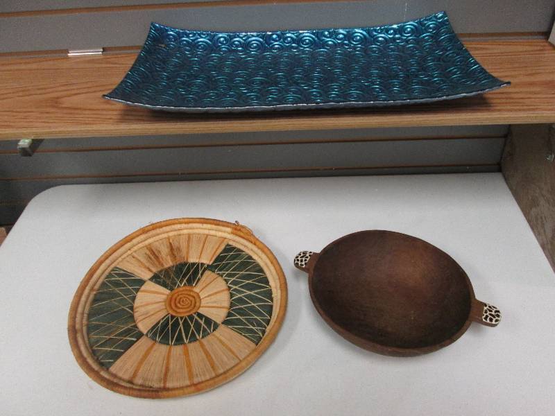 Large turquoise platter, wooden bow...