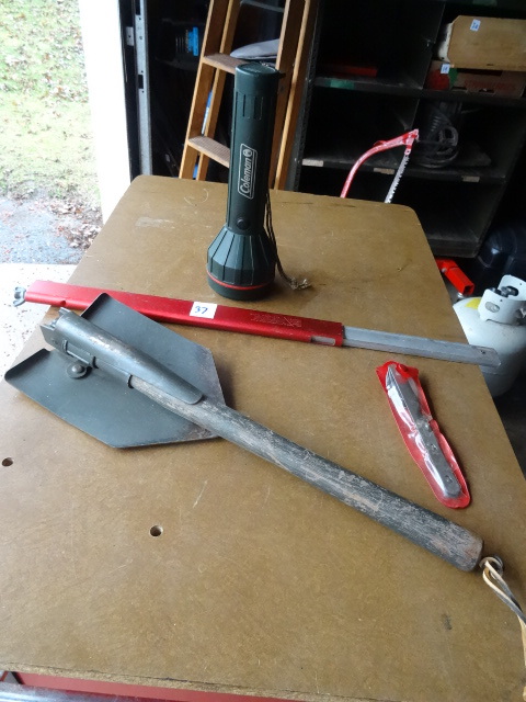 lot 37 image: Sven saw folding camp saw. Utensil set. Folding shovel and flashlight
