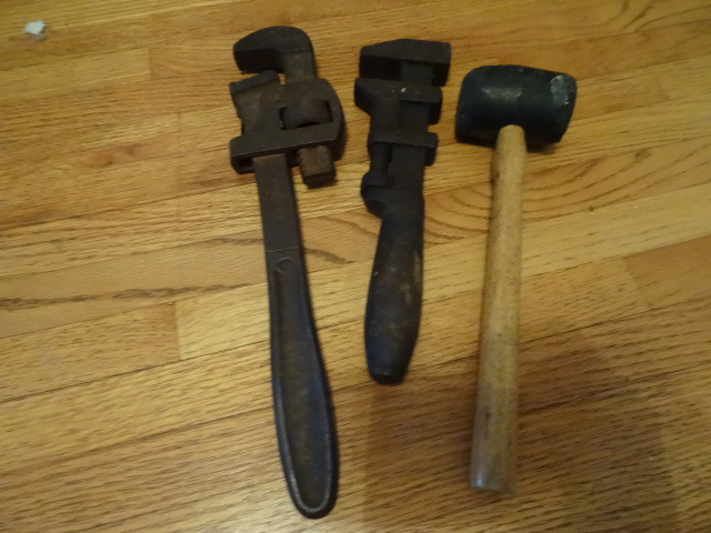 lot 121 image: Mallet and 2 Vintage Pipe Wrenches