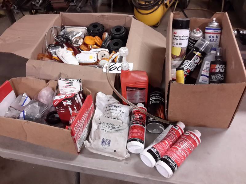 lot 60 image: Lot of Misc. Sprays and liquids, Box of trailer lights other items as pictured