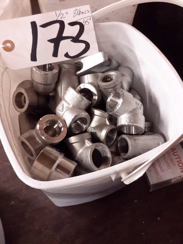 lot 173 image: Pail of 12 in 45 and 90 degree Stainless steel elbows