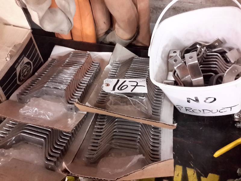 lot 167 image: 80, 4in stainless steel pipe brackets  Pail of 3 in Stainless steel brackets