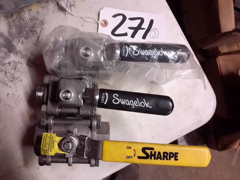 lot 271 image: 2 Swagelok and 1 Sharpe Valves as pictured.. See photo of tag for type