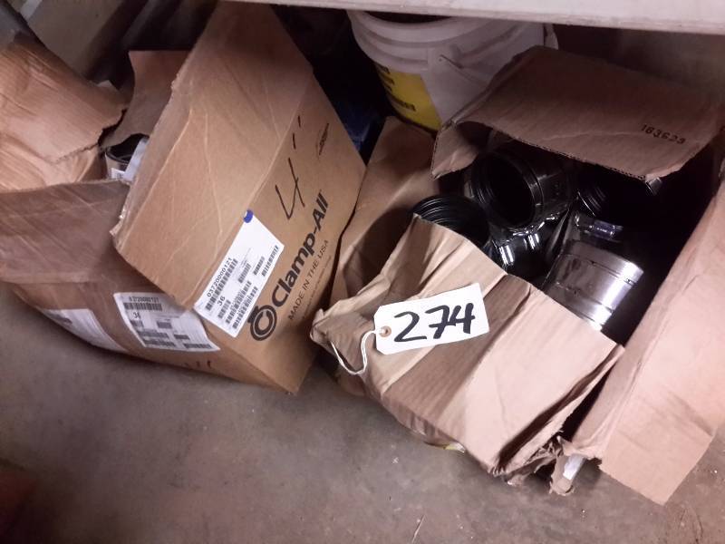 lot 274 image: 2 boxes of CLAMP ALL, 4in Hi Torq soil pipe couplings.. Approx 50
