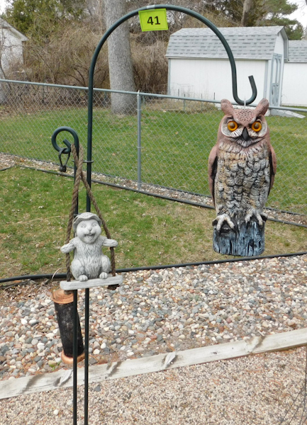 lot 41 image: Garden shepard hooks with hanging ornaments one is an owl