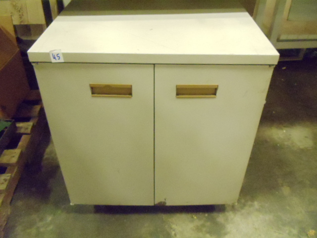 lot 45 image: 2 door metal cabinet on wheels. 23 x 22 x 25