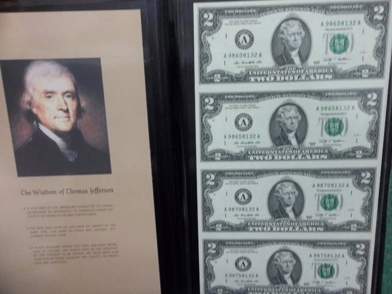 Page Of Uncut $2 Bills With Case