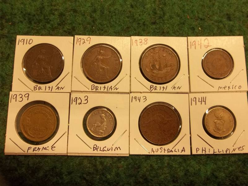 3-British 12 Cents, 1942 Mex 1 Centavo, 1939 France 1 Franc, 1923 Belgium 50 Cents, 1943 Australian 12 Pence, 1944 Philipines 5 Cent.