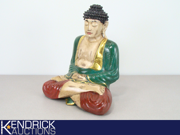 lot 4 image: Larger Wood Carved Painted Buddhist Monk Statue