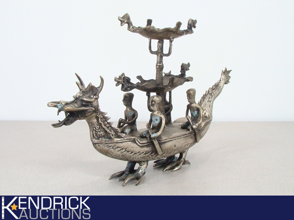 lot 17 image: Large Silver Metal Dragon Junk Boat Sculpture