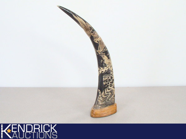 lot 18 image: Large Carved Asian Themed Buffalo Horn