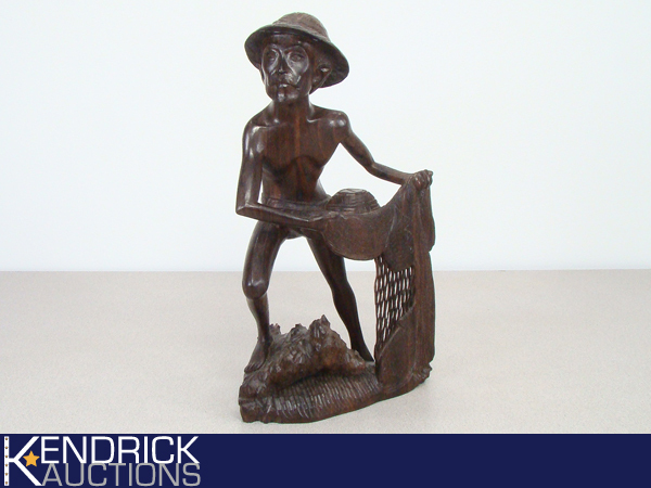 lot 22 image: Exotic Wood Carved Chinese Fisherman Statue