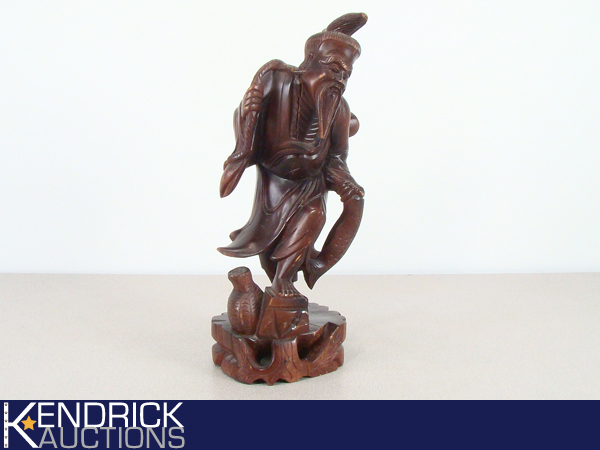 lot 31 image: High End Exotic Wood Carved Chinese Fisherman Statue