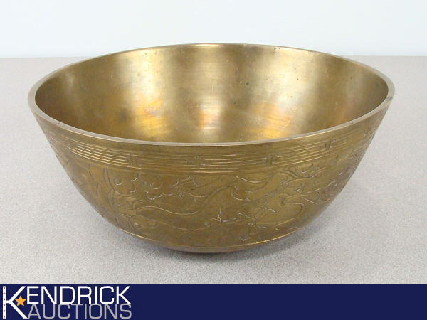 lot 33 image: Larger Heavy Solid Brass Asian Themed Etched Bowl