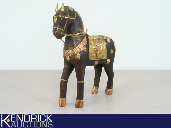 lot 35 image: Ethnic Wood Carved Horse Sculpture with Brass and Copper Overlays