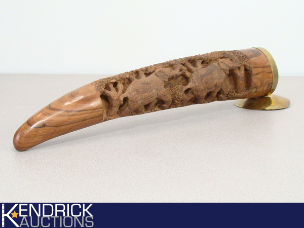 lot 45 image: Larger Exotic Wood Carved Elephant Tusk