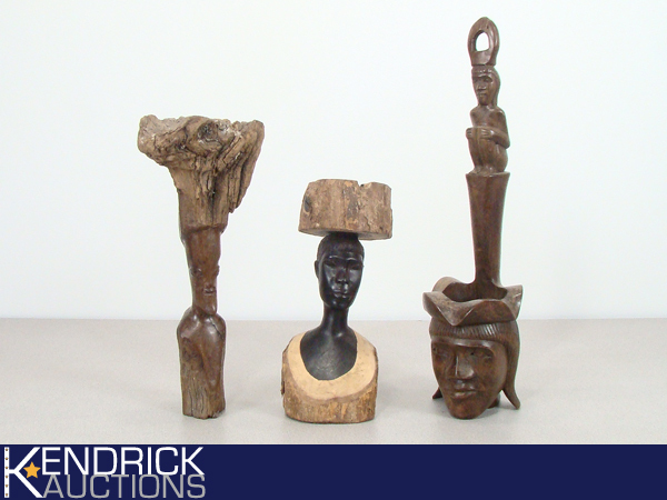 lot 61 image: 3 Exotic Wood Carved African Themed Figures