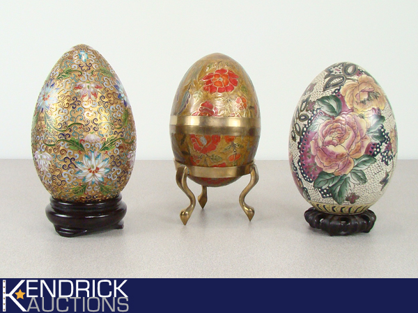 lot 67 image: 3 Large Brass, Porcelain, and Cloisonne Eggs