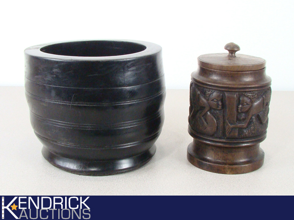 lot 77 image: 2 Exotic Wood Carved Urns