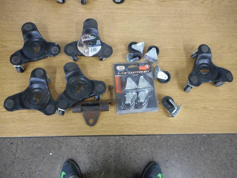 LOT OF 5 CASTER WHEELS WITH SPARE WHEELS AND HITCH