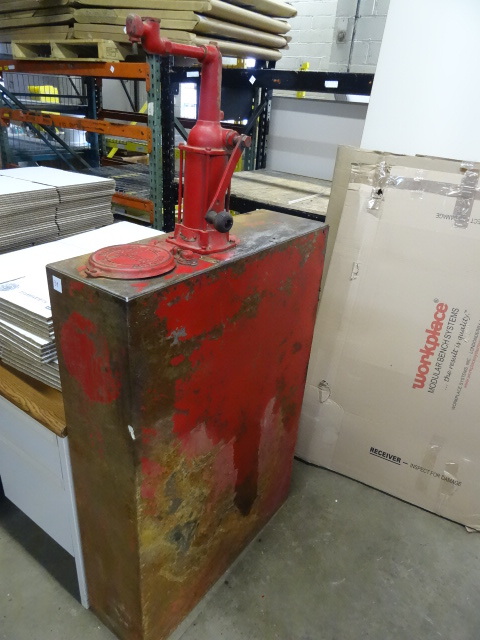 lot 39 image: Vintage Standard Oil Barrel with Pump Just Drained Oil Out. Not Leaking 10 X 31 X 46