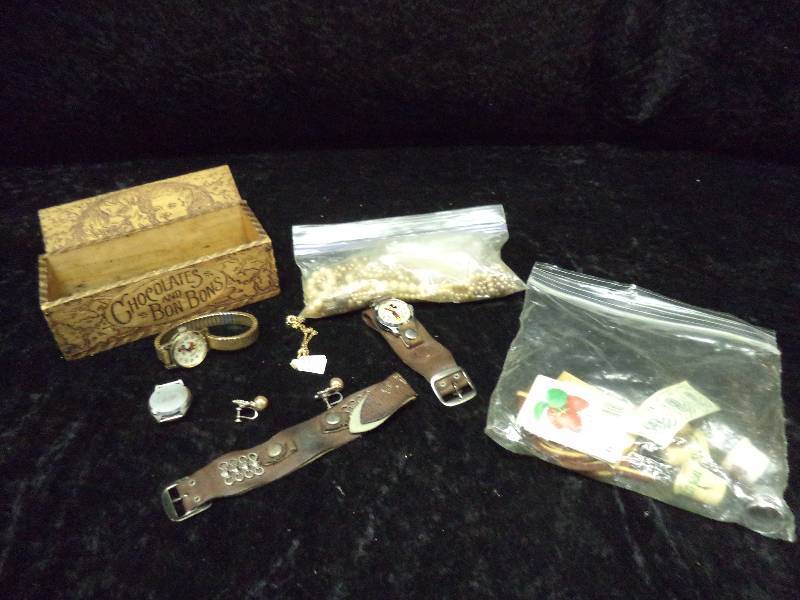Lot - Disney Watches, Pearls, Thimbles, Misc in Wood Bon Bon Box
