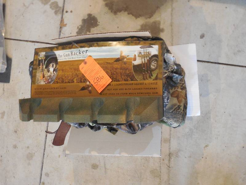 lot 586 image: MISC BOX CAMO CLOTHES , GUN HOLDER ETC.